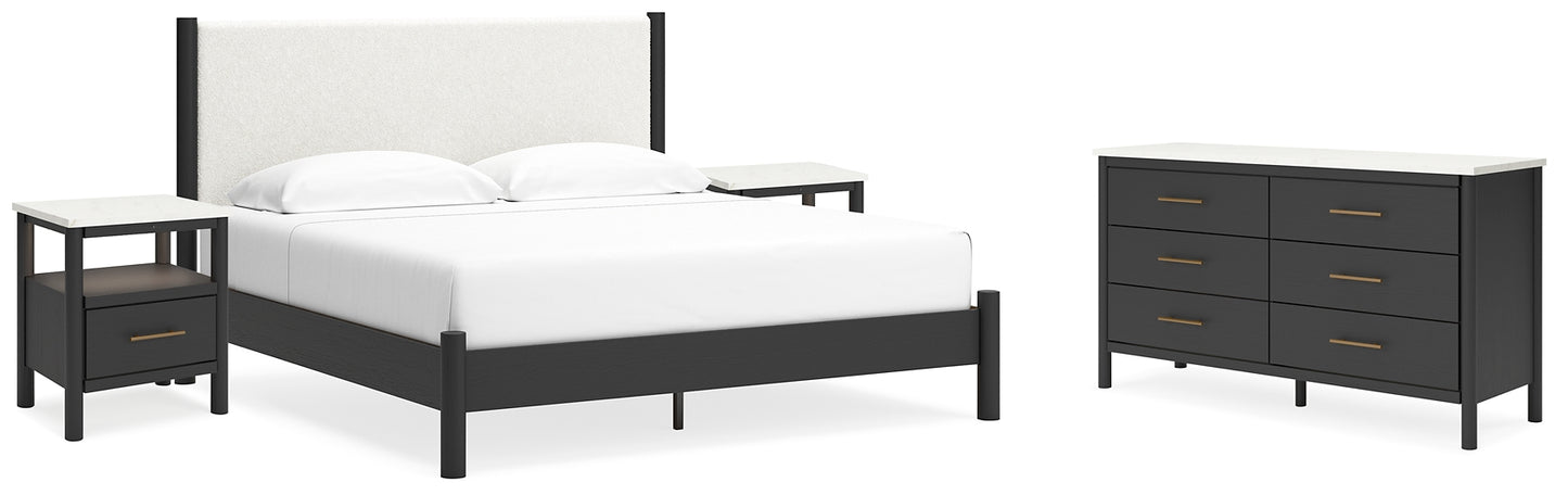 Cadmori King Upholstered Panel Bed with Dresser and 2 Nightstands